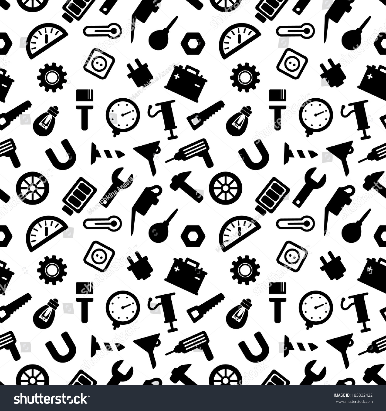 Seamless Pattern With Tools, Carpentry Tools Black Icons On White