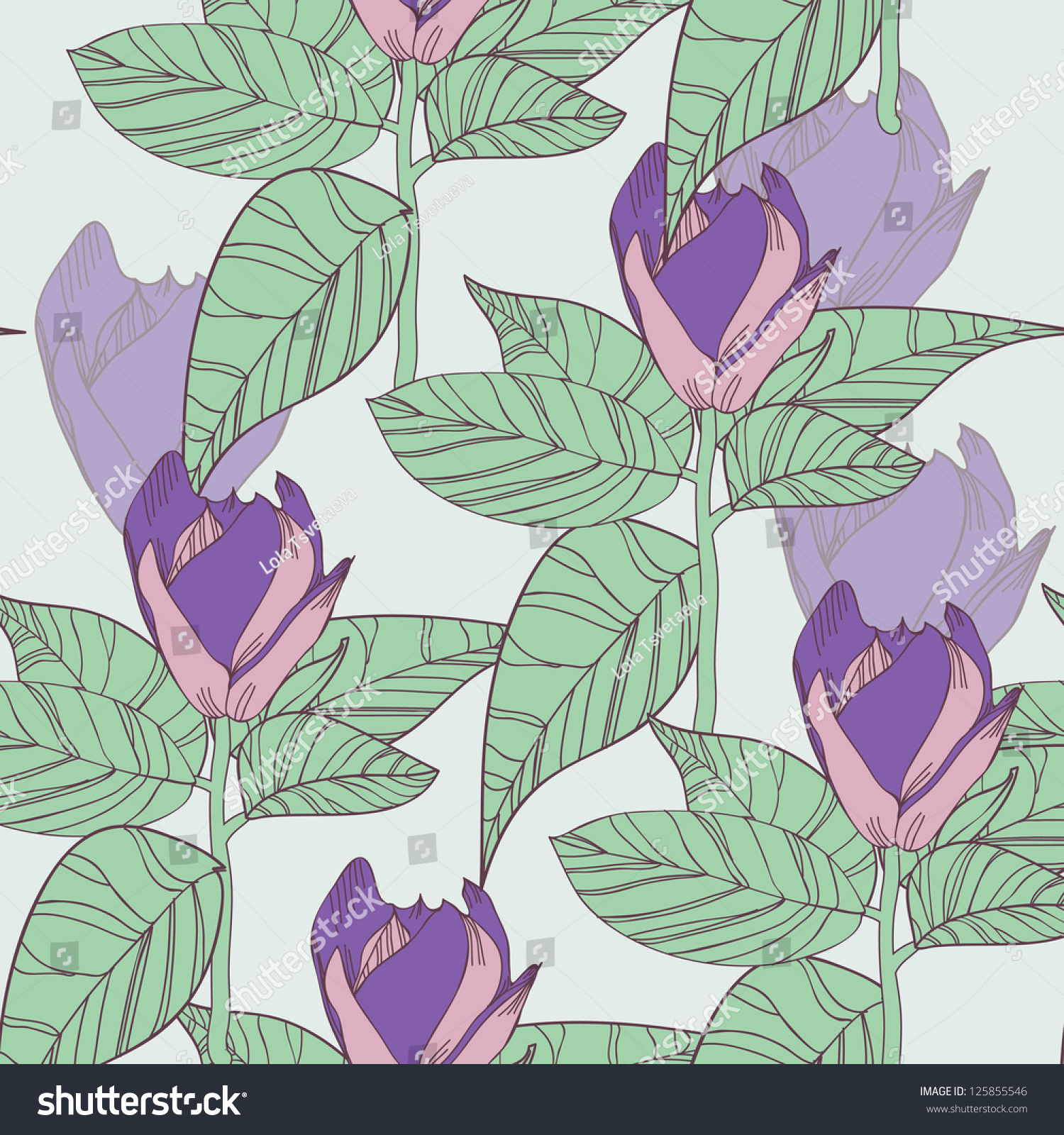 Seamless Vector Background With Drawing Flowers And Leafs - 125855546