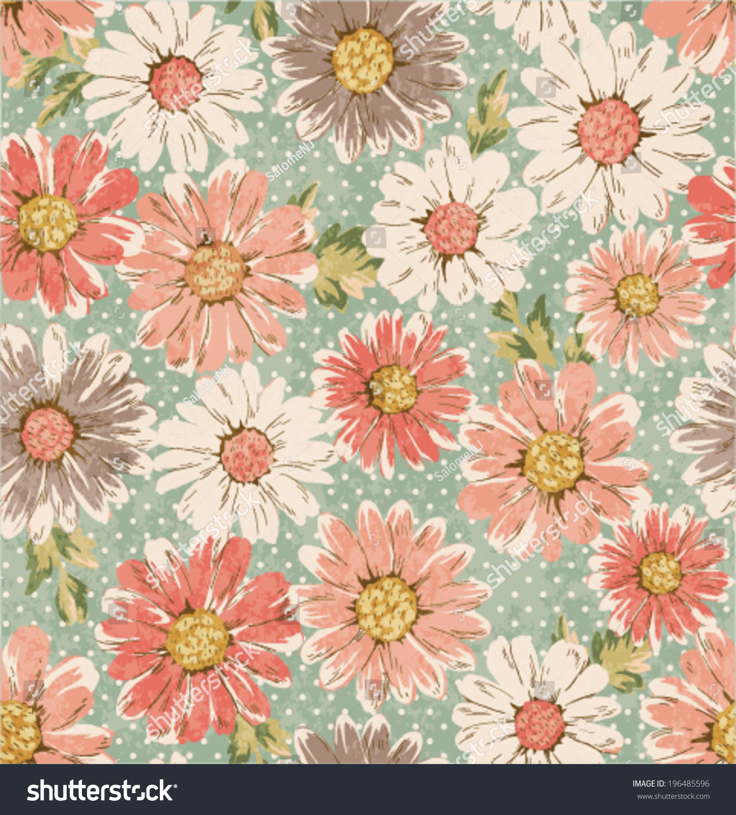 Seamless Vintage Flowerdaisy Print Pattern Dots Stock Vector 196485596