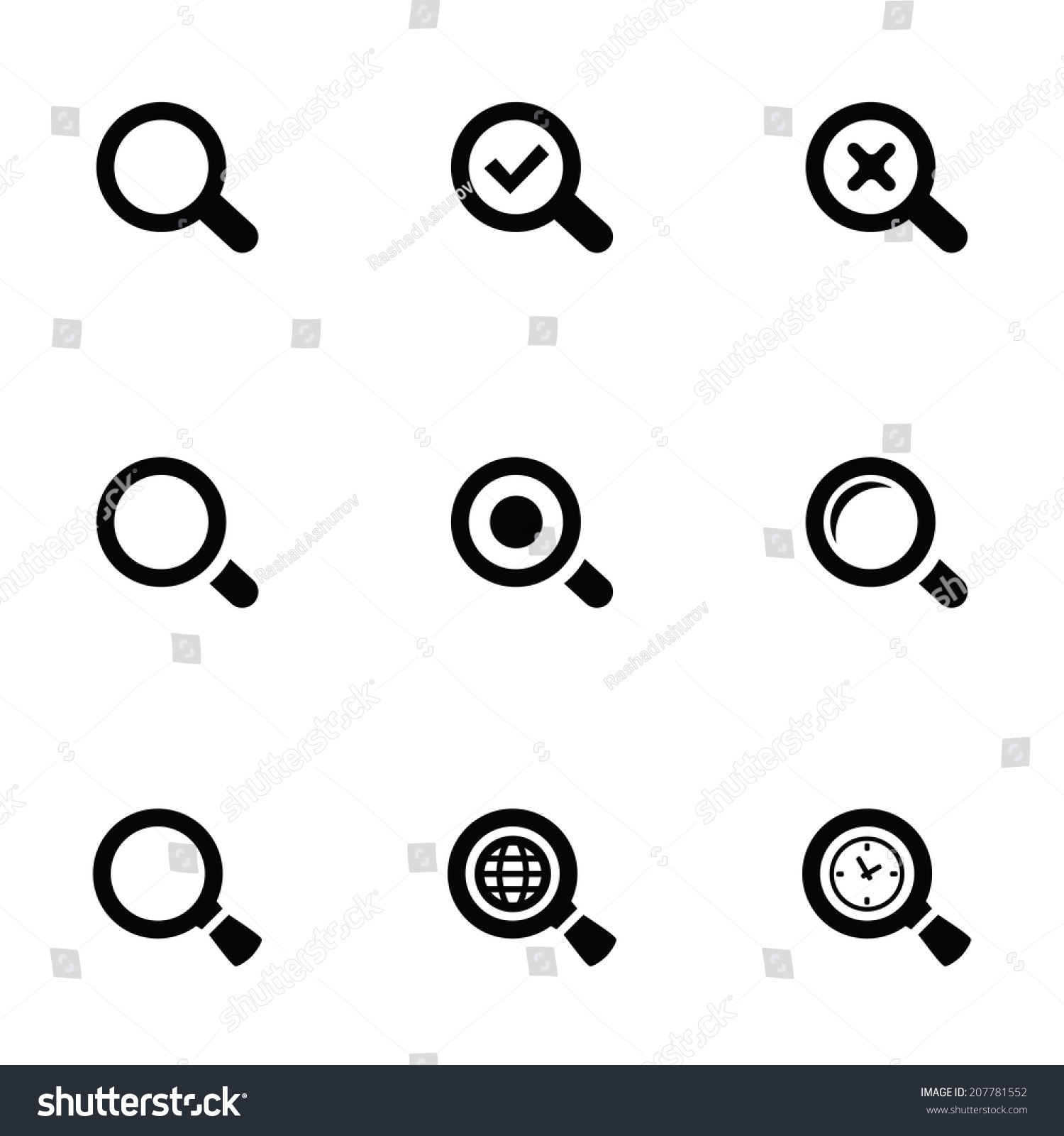 Search Icons Set, Black On White Background Stock Vector Illustration