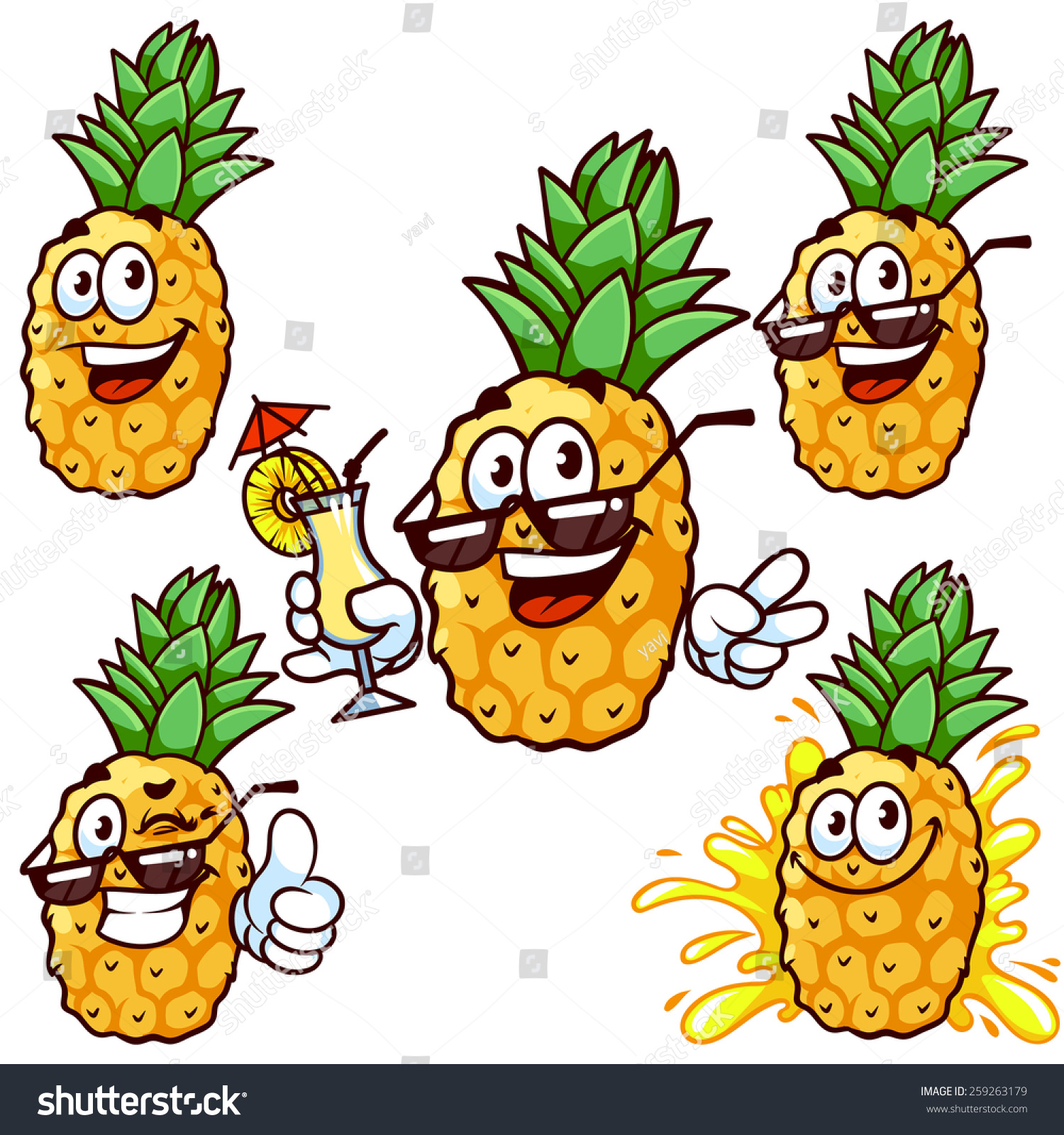Set Cartoon Character Happy Pineapple Sun Stock Vector ...