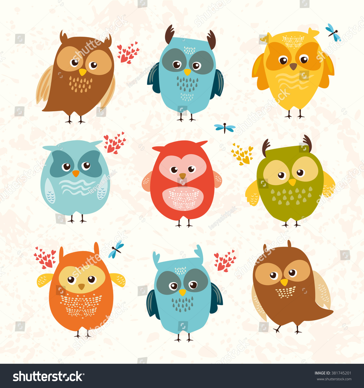 Set cute owls colorful birds vector illustration Set cute owls colorful birds vector illustration