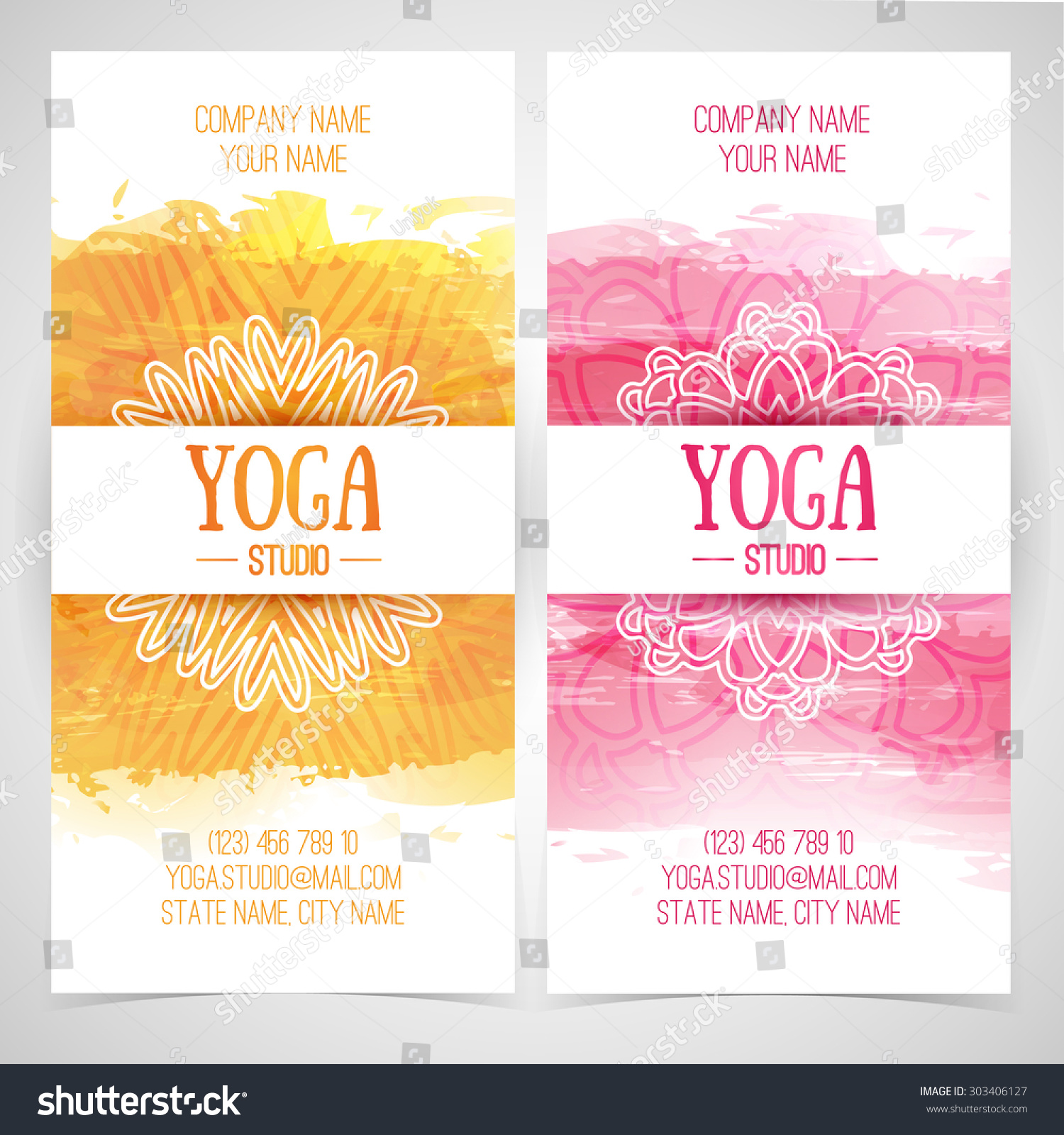 Set design template brochures cards invitations flyers for a yoga studio with watercolor texture and mandala Vector Place for your text Set design template brochures cards invitations flyers for a yoga studio with watercolor texture and mandala Vector Place for your text