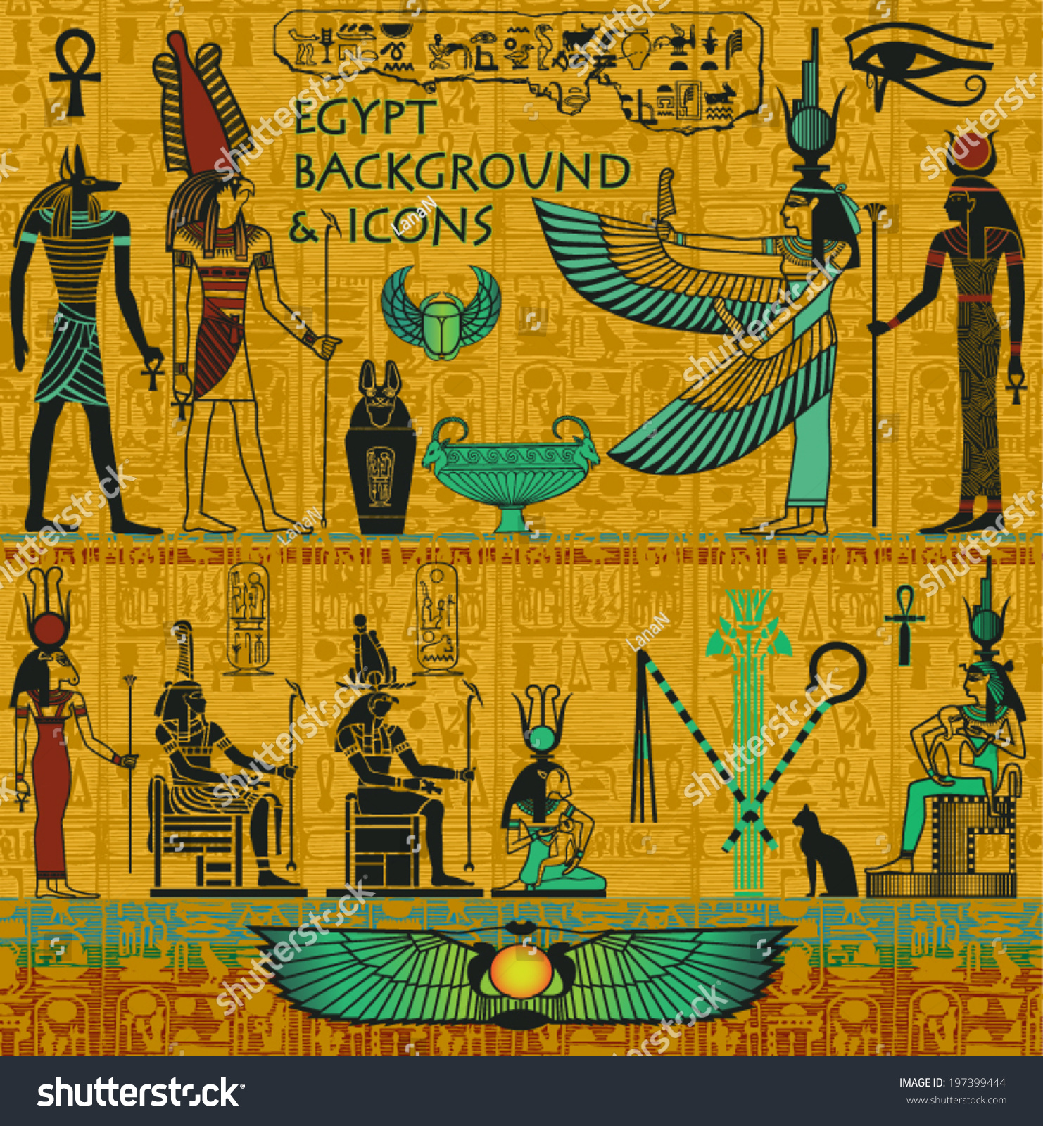 Set Ancient Egyptian Deities Gold Background Stock Vector