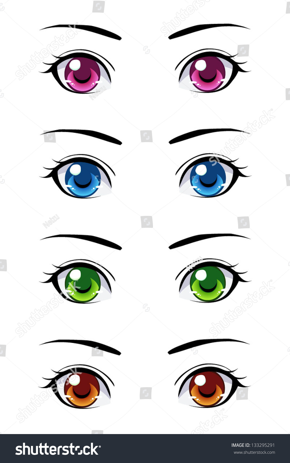 Set Of Anime Style Eyes Of Different Colors, Isolated On White. Stock 