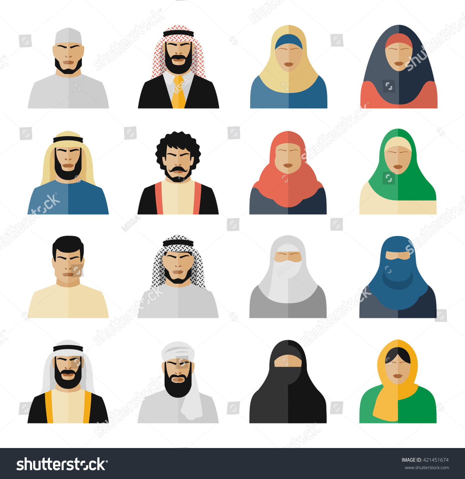 Set of arab people flat icons Muslim arabian islam woman and man Vector illustration Set of arab people flat icons Muslim arabian islam woman and man Vector illustration