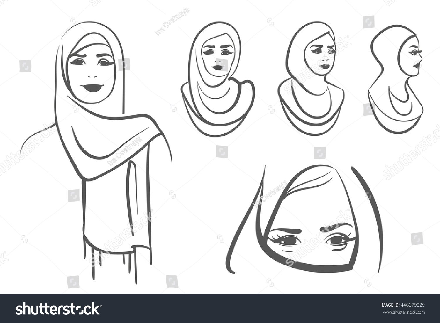 Set Of Arabic Muslim Women. Outline Style. Vector Illustration Isolated 