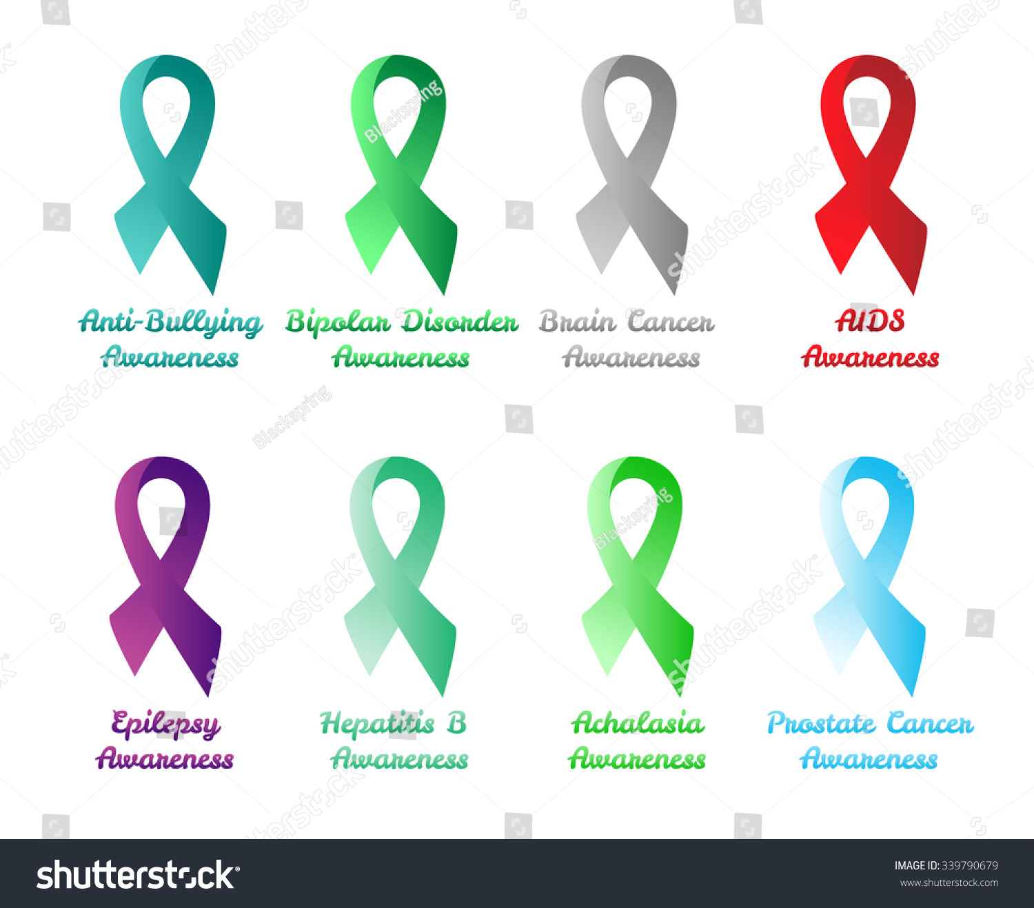 Set Of Awareness Ribbons: Anti-Bullying, Bipolar Disorder, Brain, Aids ...