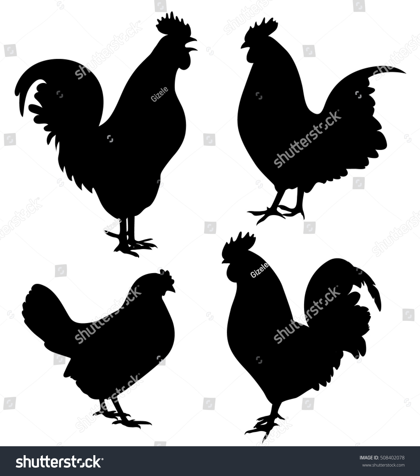 Set Black Roosters Hen Silhouette Isolated Stock Vector Royalty Free