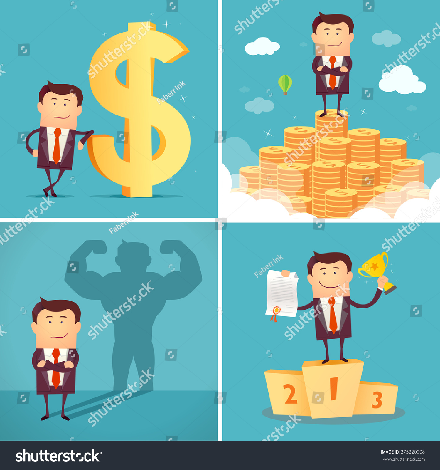 Set of businessman characters standing on the winning podium holding up winning trophy standing on the huge money staircase with dollar sign casting strong man shadow Successful concept Vector Set of businessman characters standing on the winning podium holding up winning trophy standing on the huge money staircase with dollar sign casting strong man shadow Successful concept Vector