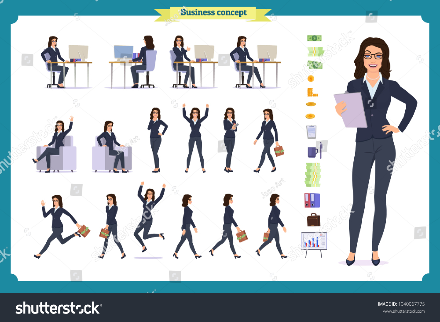 Set Businesswoman Character Design Different Poseselegant Stock Vector