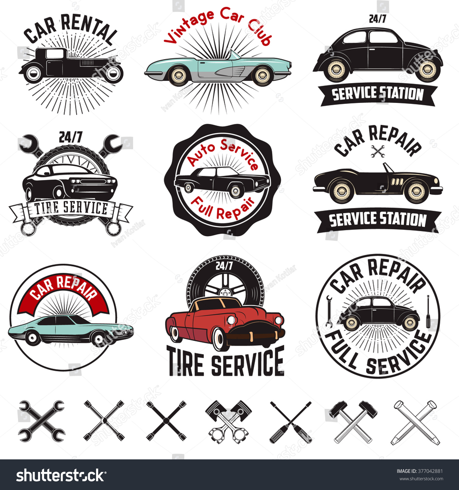 Set Of Car Repair Service Labels Retro Vector Design Graphic Element