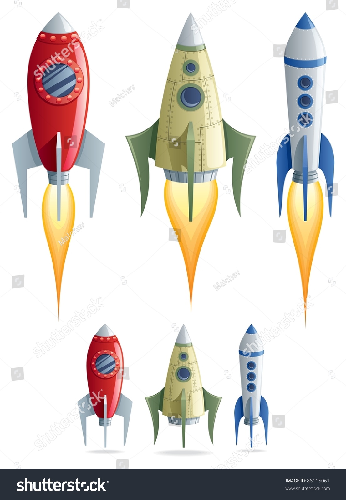 Set Of Cartoon Rockets In Versions Stock Vector