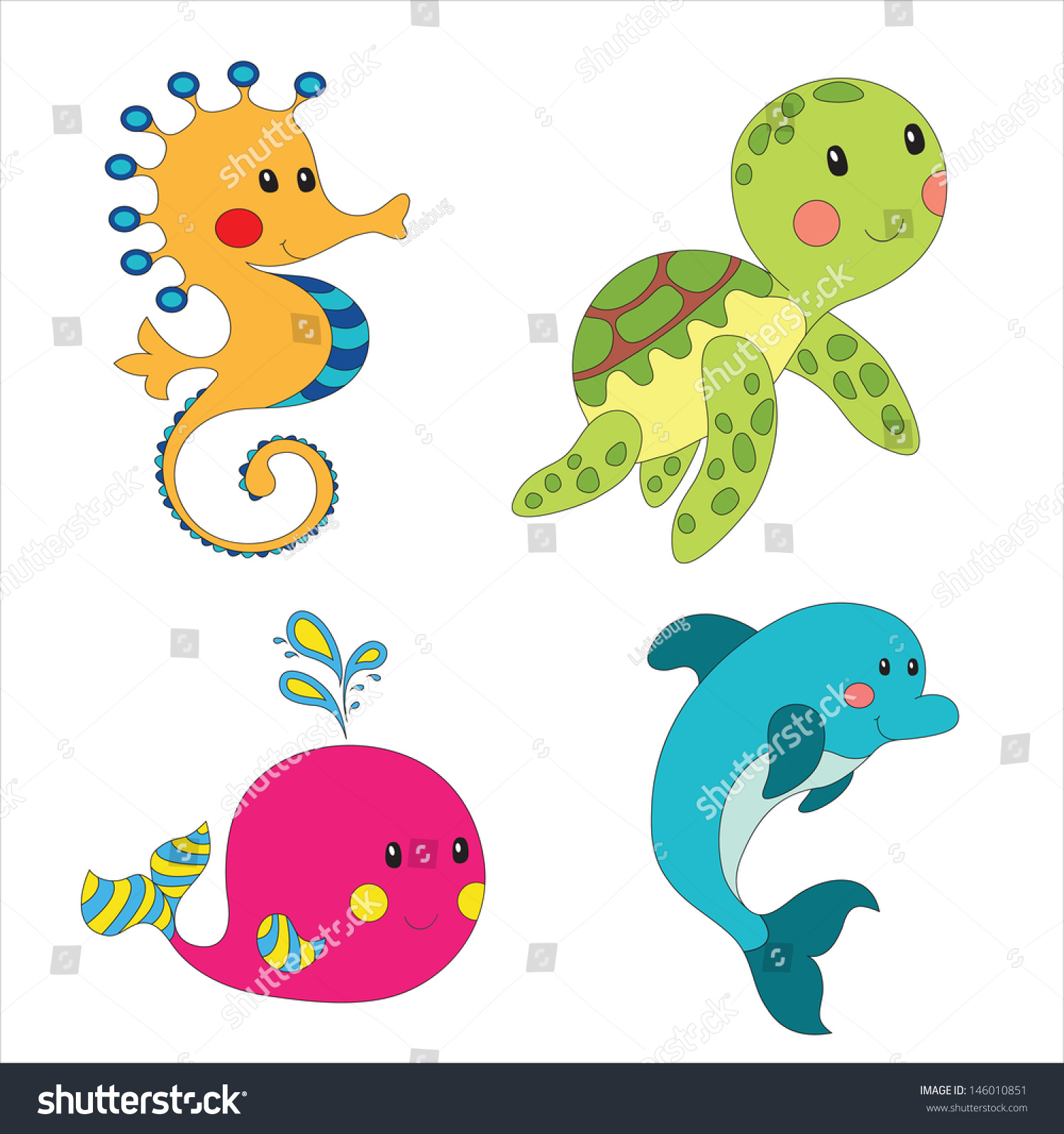 Set Cartoon Sea Creatures Isolated On Stock Vector 146010851 - Shutterstock