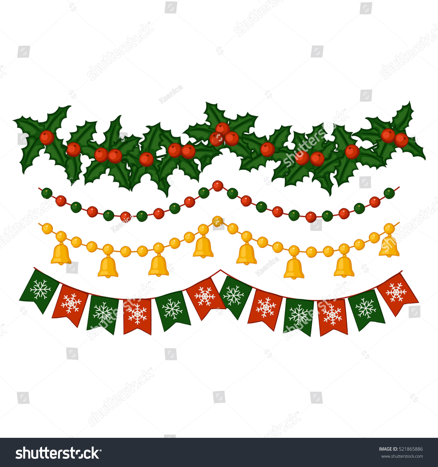 Set of Christmas garlands Bells flags mistletoe beads Elements for festive decor Vector illustration Set of Christmas garlands Bells flags mistletoe beads Elements for festive decor Vector illustration