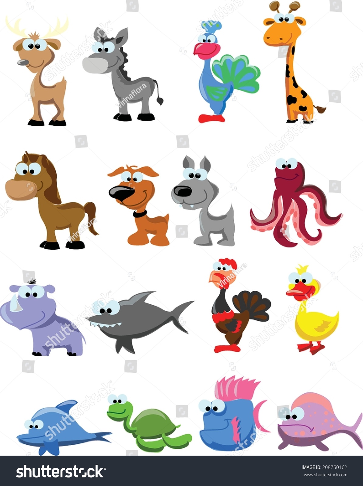 Set Of Cute Cartoon Animals Stock Vector Illustration 208750162 ...