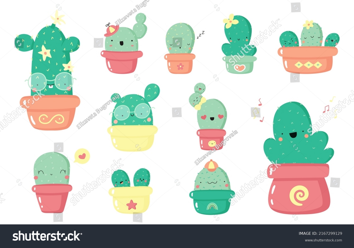 Set Cute Cartoon Cacti Kawaii Faces Stock Vector Royalty Free