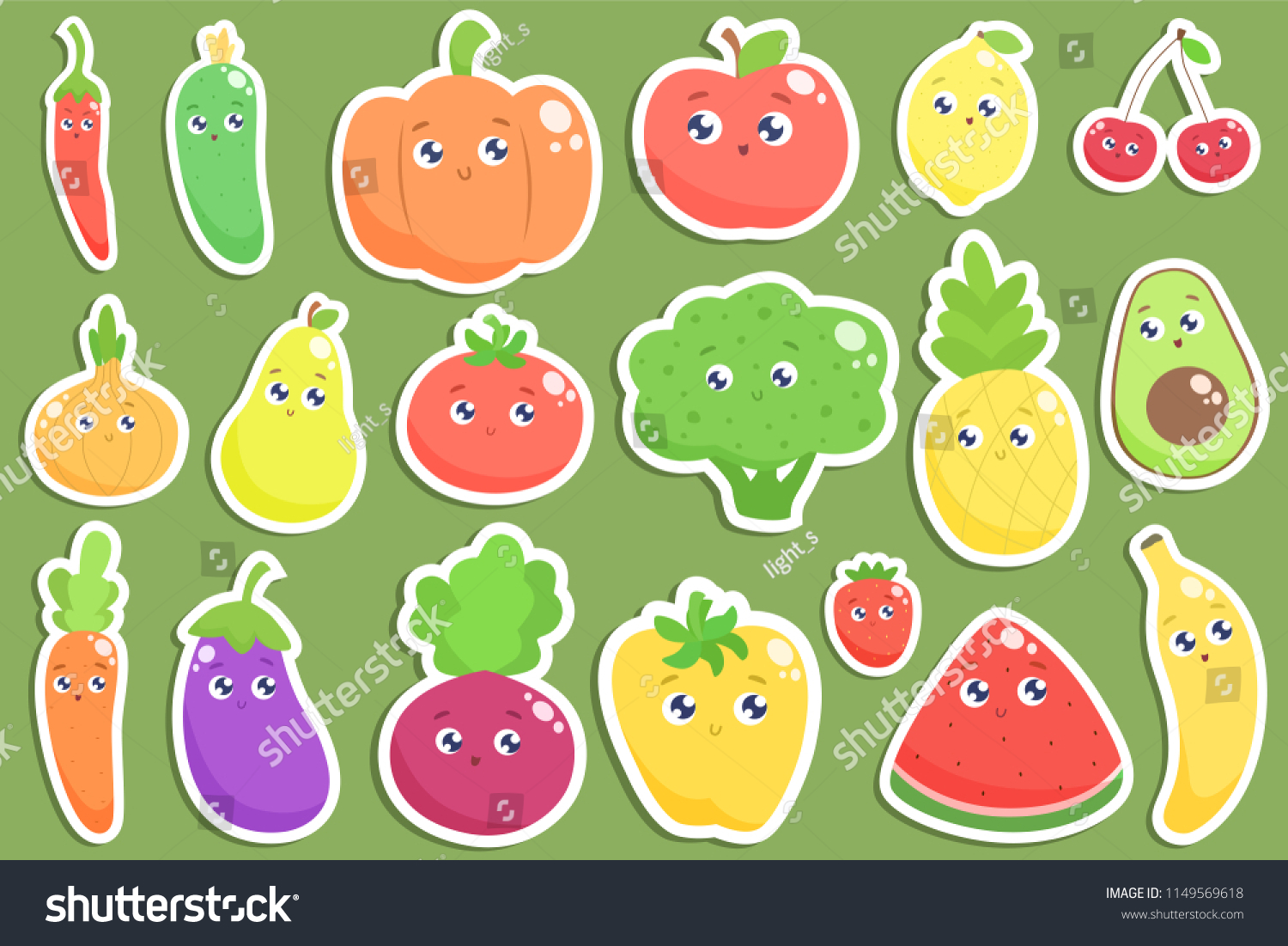 Set Cute Cartoon Fruits Vegetables Stickers Vector De Stock Libre De