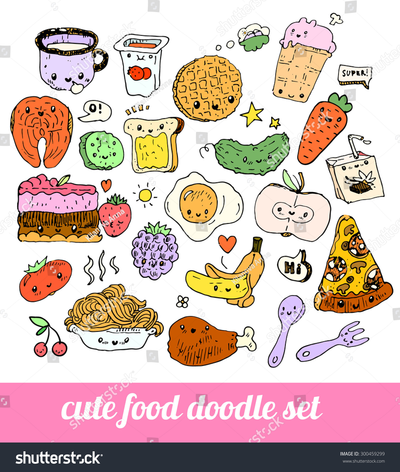 Set Of Cute Food Doodles Sketches Of Pizza Noodles Waffles Ice