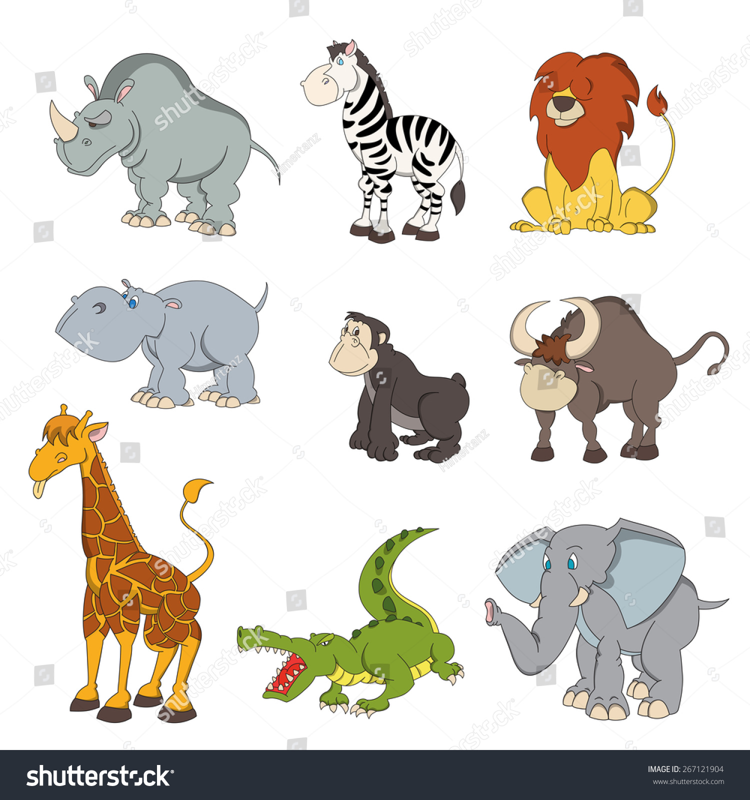 Set Of Cute Hand Drawn Cartoon African Animals. Lion, Elephant 