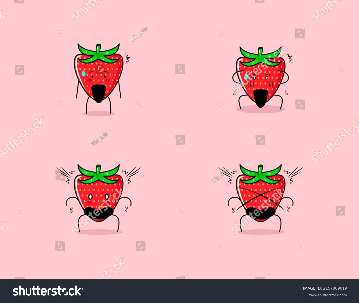 Set Cute Strawberry Cartoon Character Shocked Stock Vector Royalty