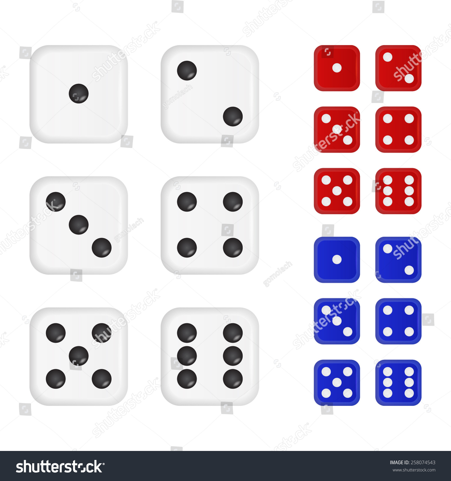 Set Of Dices In Three Different Colors. Vector Eps10 Illustration