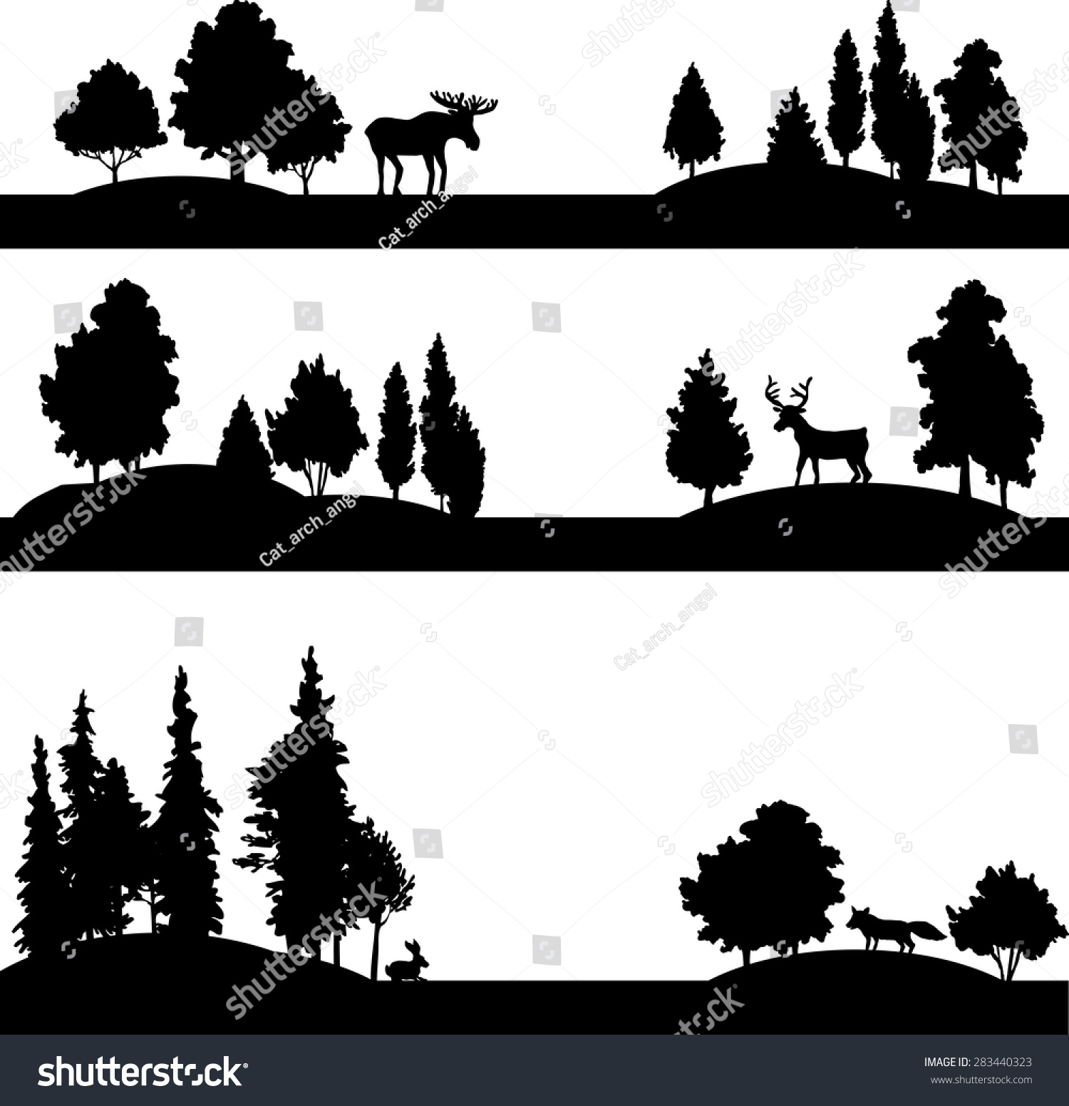 set of different landscapes with deciduous trees coniferous trees and wild animals silhouettes forest with elk deer fox and rabbit hand drawn vector illustration set of different landscapes with deciduous trees coniferous trees and wild animals silhouettes forest with elk deer fox and rabbit hand drawn vector illustration