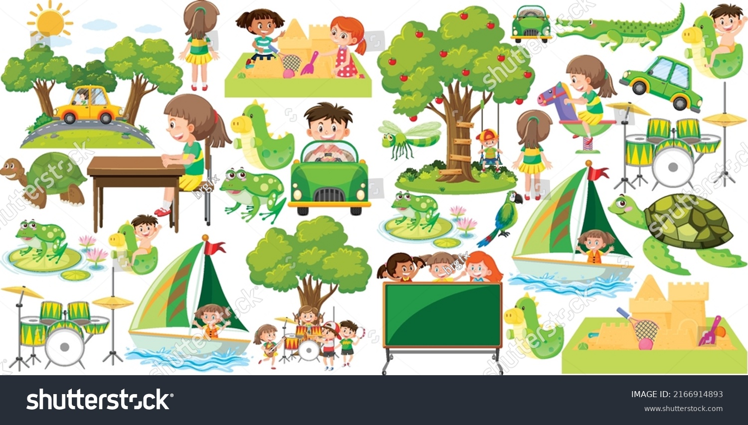 Set Different Objects Green Illustration Stock Vector Royalty Free