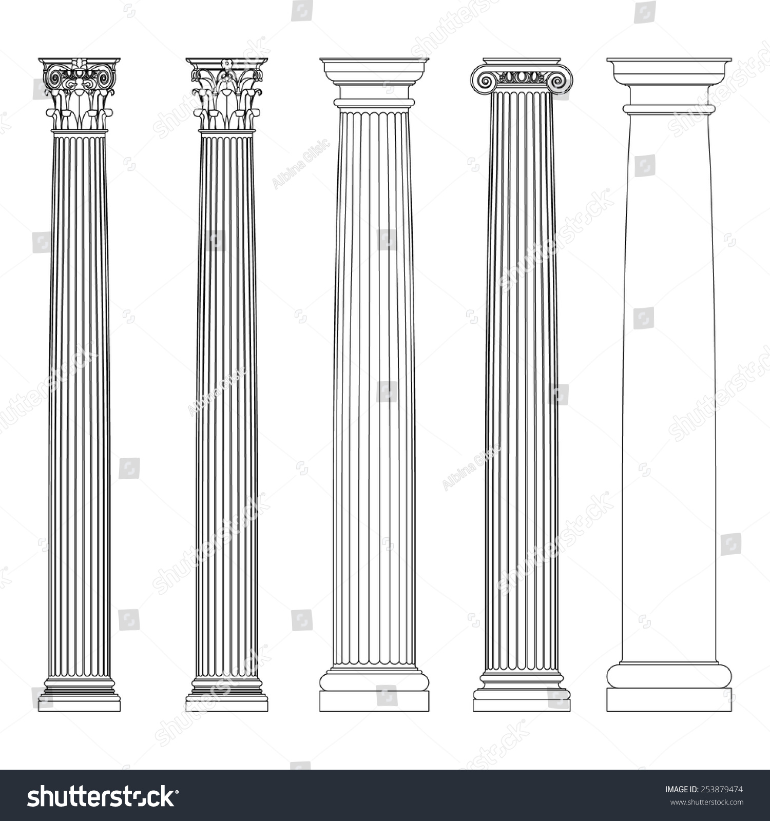 Set Of Doric, Ionic And Corinthian Columns. Classic Columns In Greek 