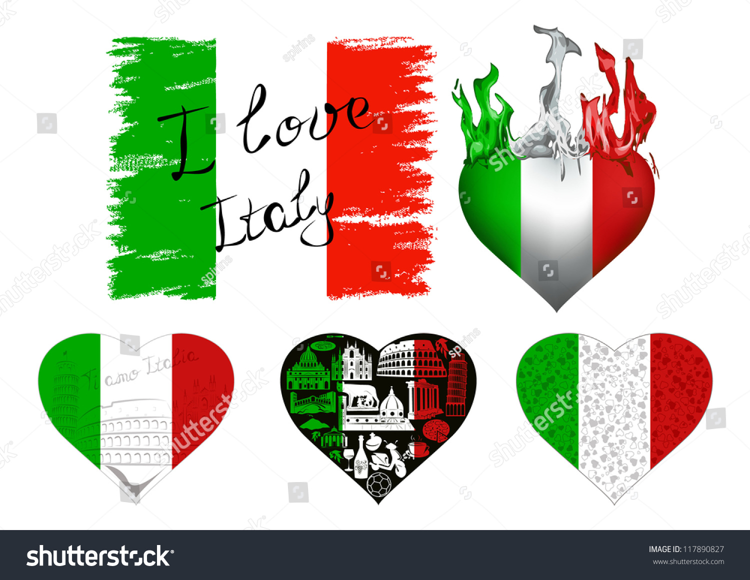 Set Flags Hearts Italian Tricolor Symbols Stock Vector 117890827