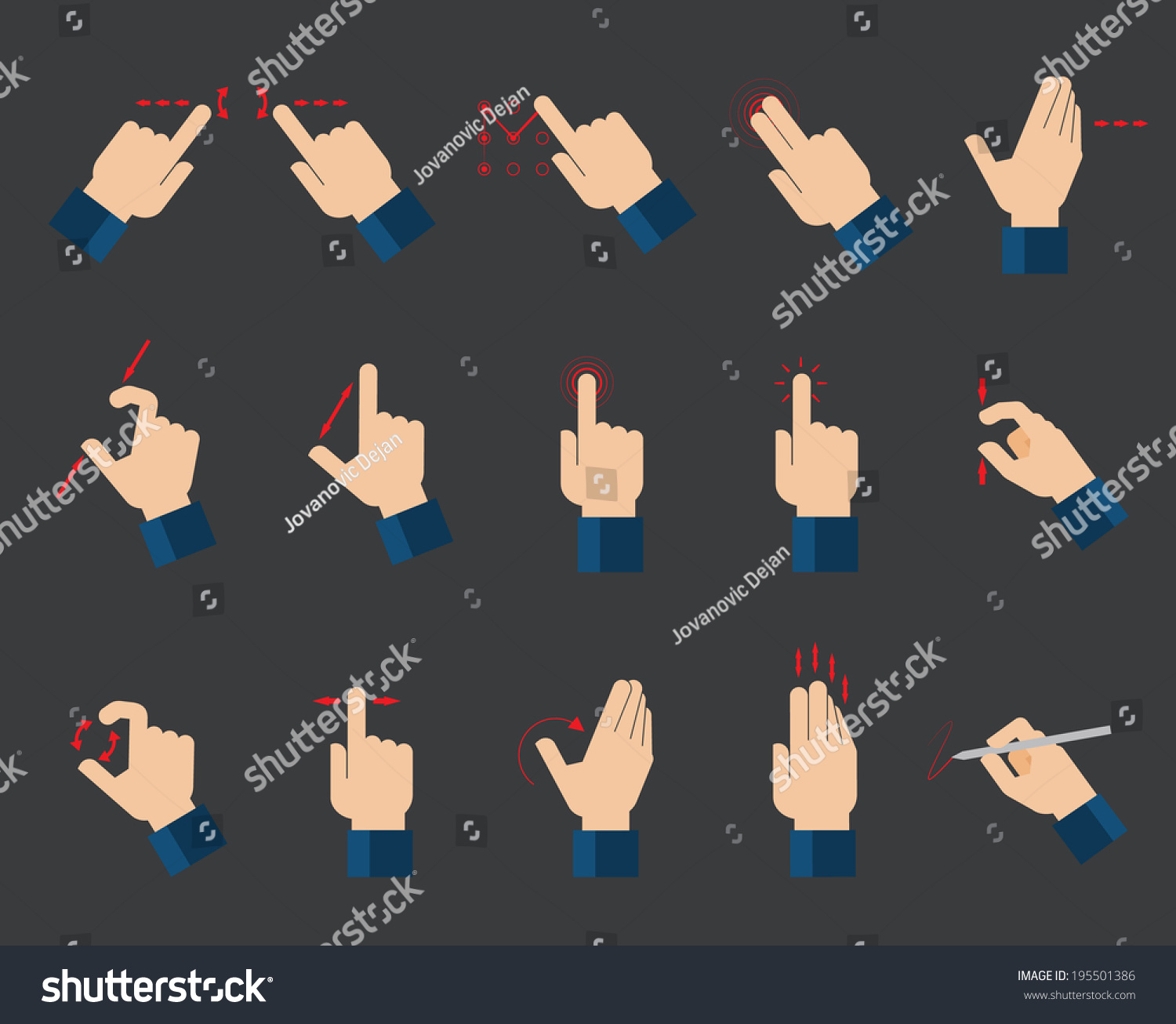 Set Of Flat Hand Icons Showing Commonly Used MultiTouch Gestures For