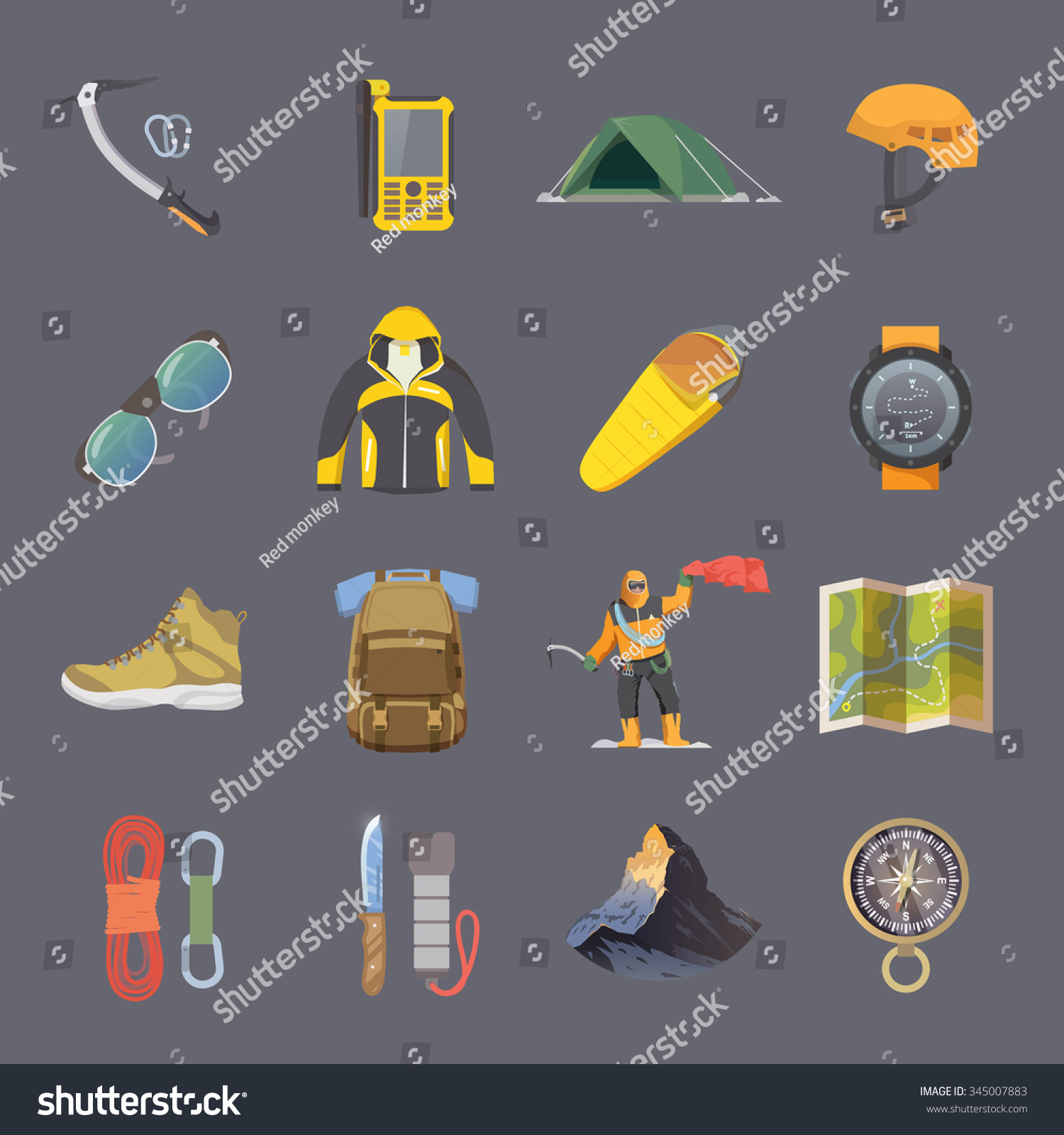 Set of flat vector icons on the theme of Climbing Trekking Hiking Mountaineering Extreme sports outdoor recreation adventure in the mountains vacation Achievement Modern flat design Set of flat vector icons on the theme of Climbing Trekking Hiking Mountaineering Extreme sports outdoor recreation adventure in the mountains vacation Achievement Modern flat design