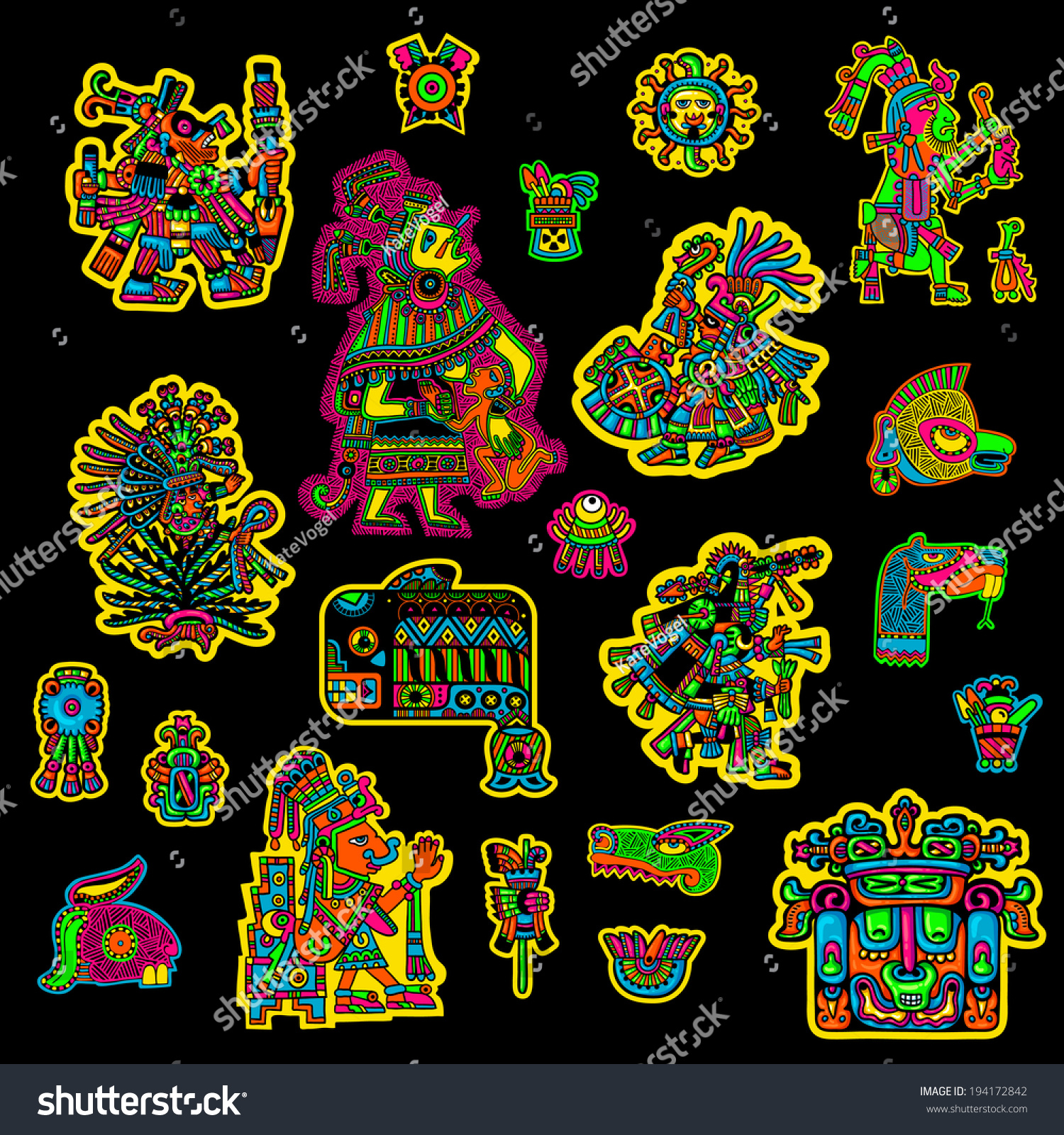 Set Of Flyuro Image Of The Maya. Maya Designs. Maya Design Elements