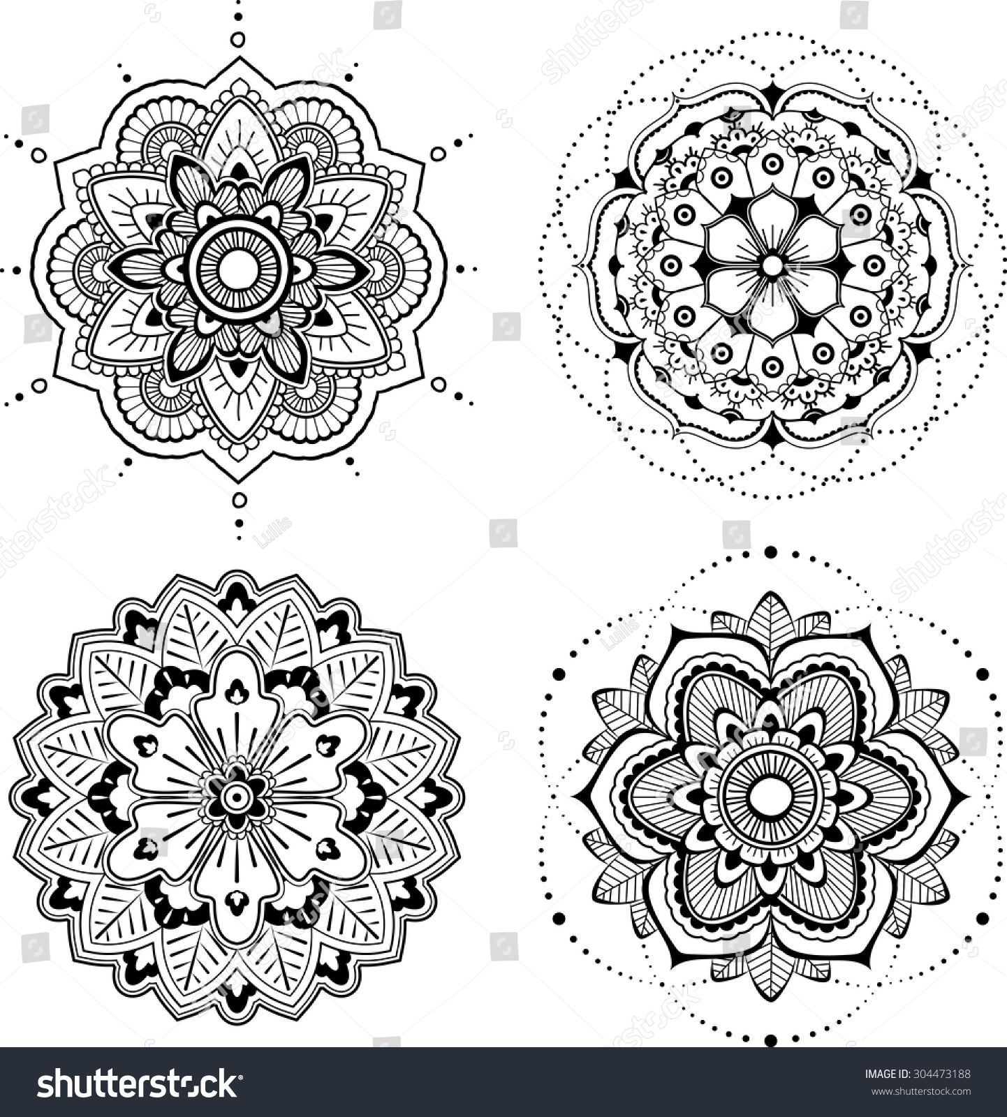 Set Four Black Mandala White Background Stock Vector 304473188