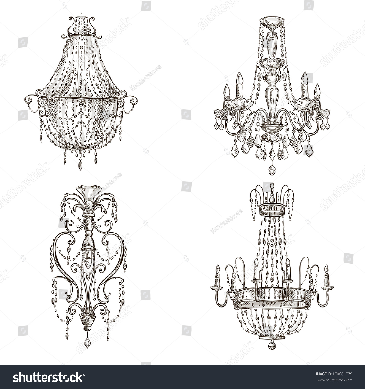 Set Of Four Chandelier Drawings Sketch Style Stock Vector Illustration