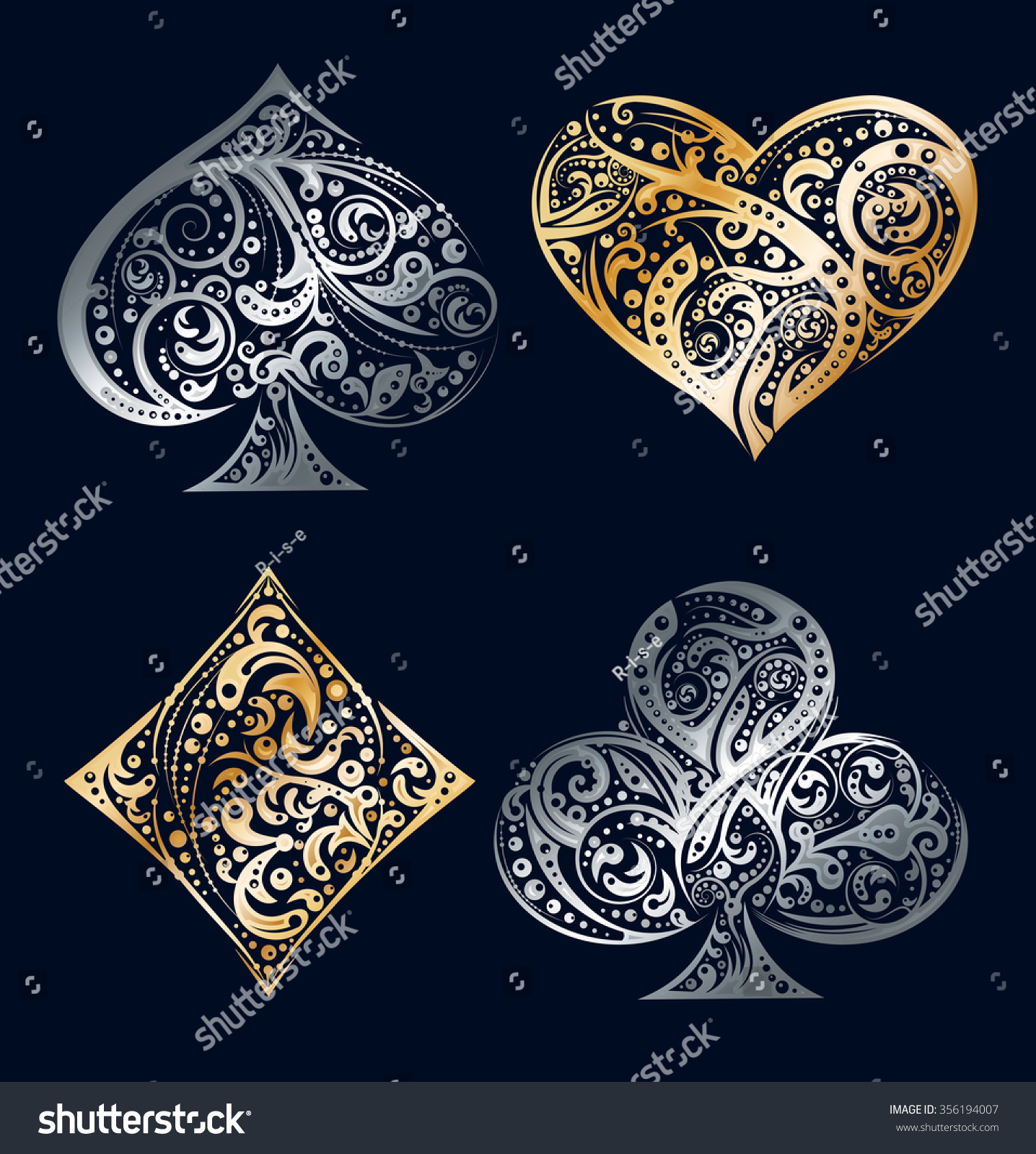 Set of four vector playing card suit symbols made by floral elements Vintage stylized illustration in silver and golden colors on black background Works well as print computer icon logo Set of four vector playing card suit symbols made by floral elements Vintage stylized illustration in silver and golden colors on black background Works well as print computer icon logo