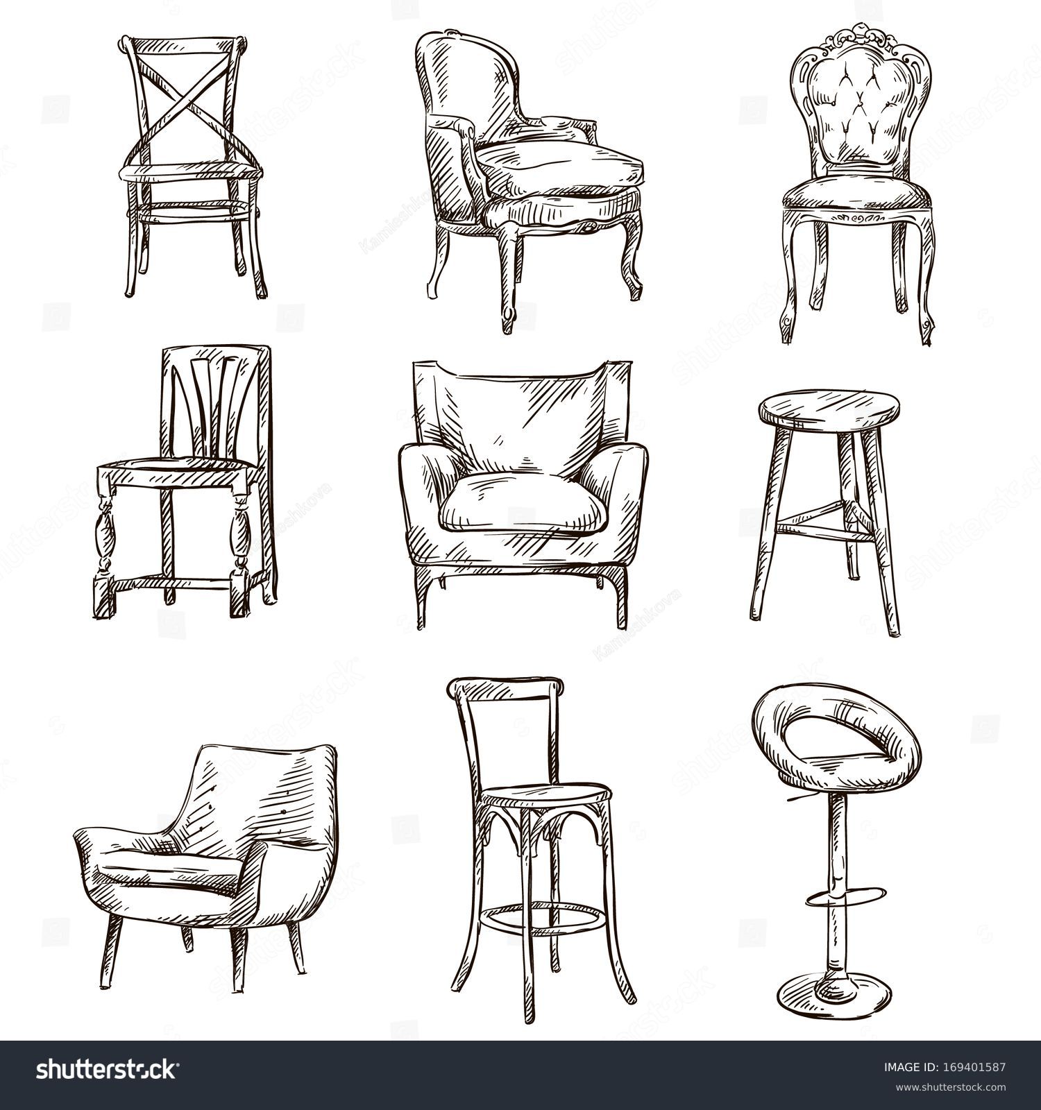 Set Hand Drawn Chairs Interior Detail Stock Vector 169401587 - Shutterstock