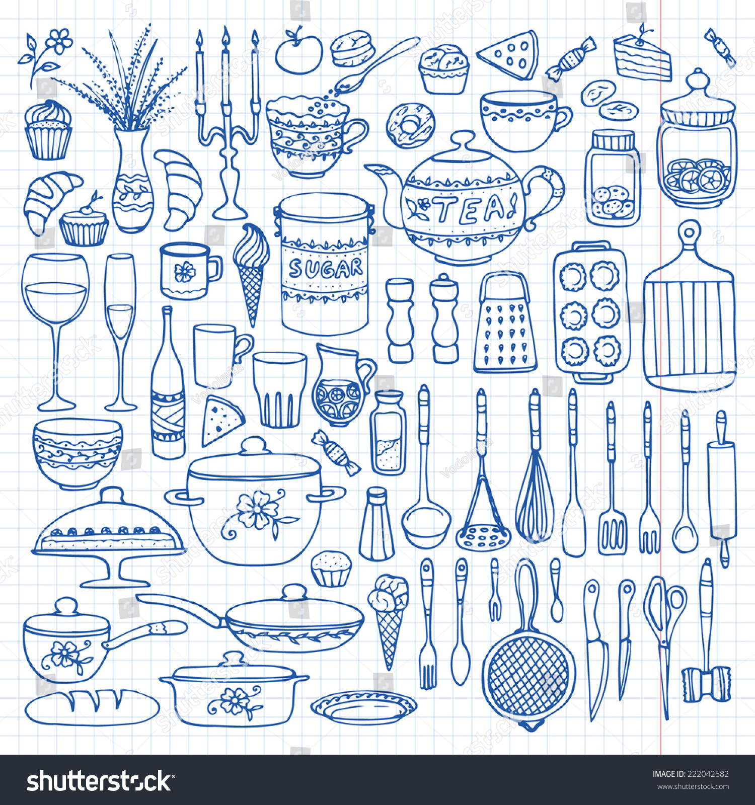 Set Of Hand Drawn Cookware On The Lined Paper Kitchen Background