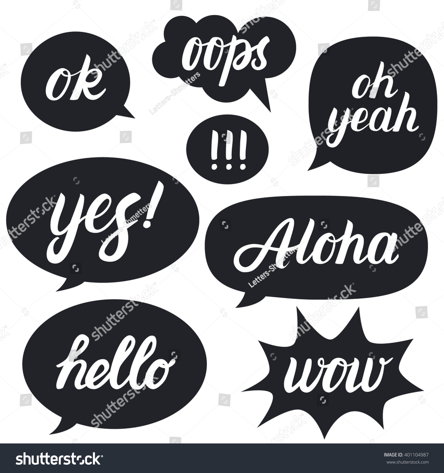 Set Of Hand Written Lettering Words Hello Oh Yeah Ok Wow Aloha Yes 