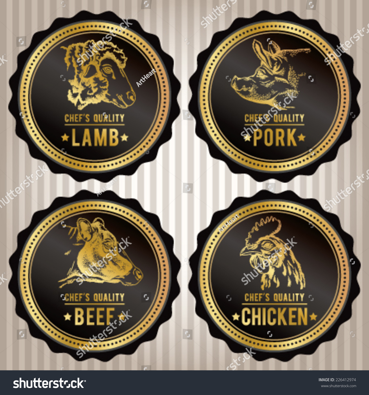 Set Of HighEnd Quality Guaranteed Food Packaging Labels In Gold And Black Beef, Lamb, Pork And