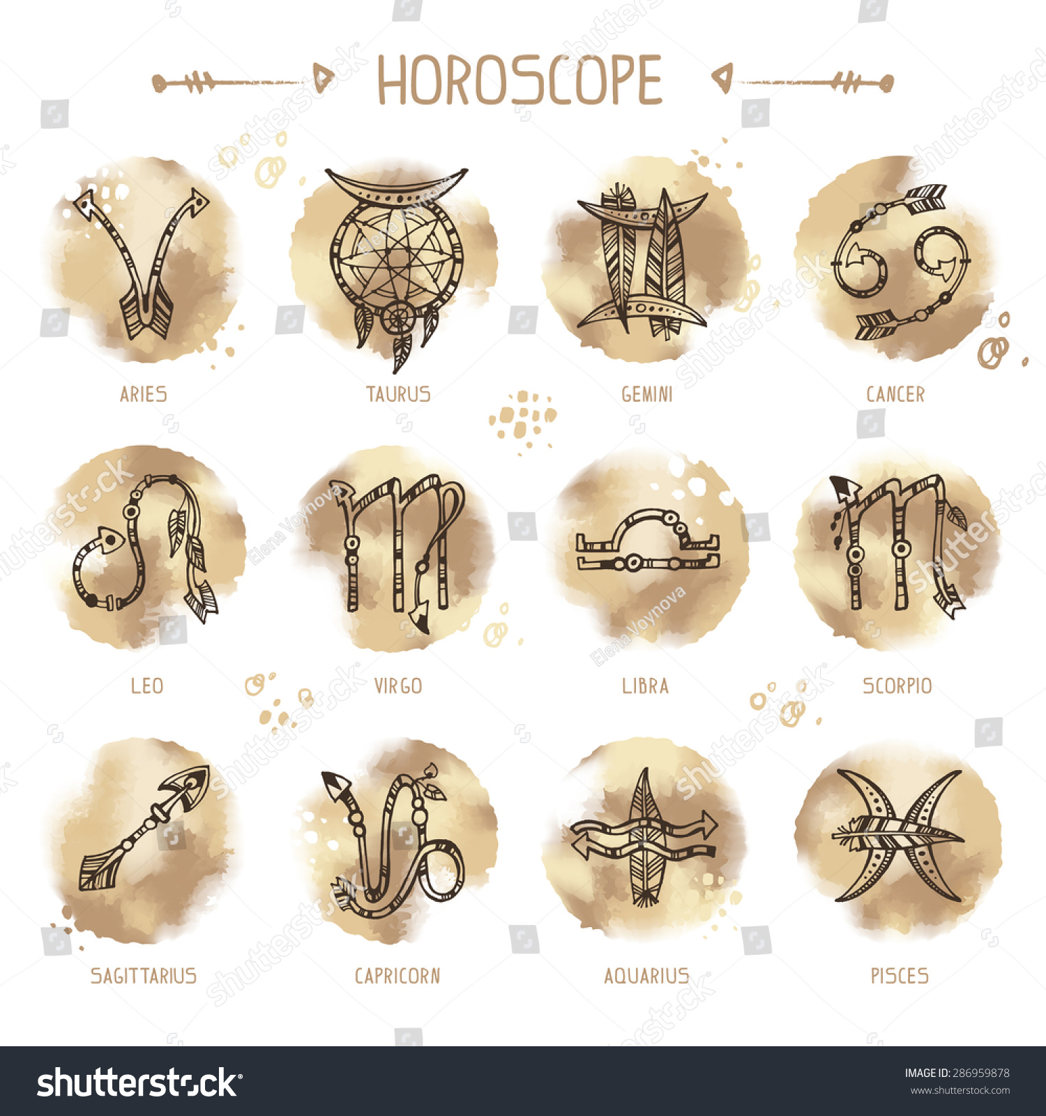 Set Of Hippie And Bohemian Style Hand Drawn Zodiac Signs On Watercolor ...