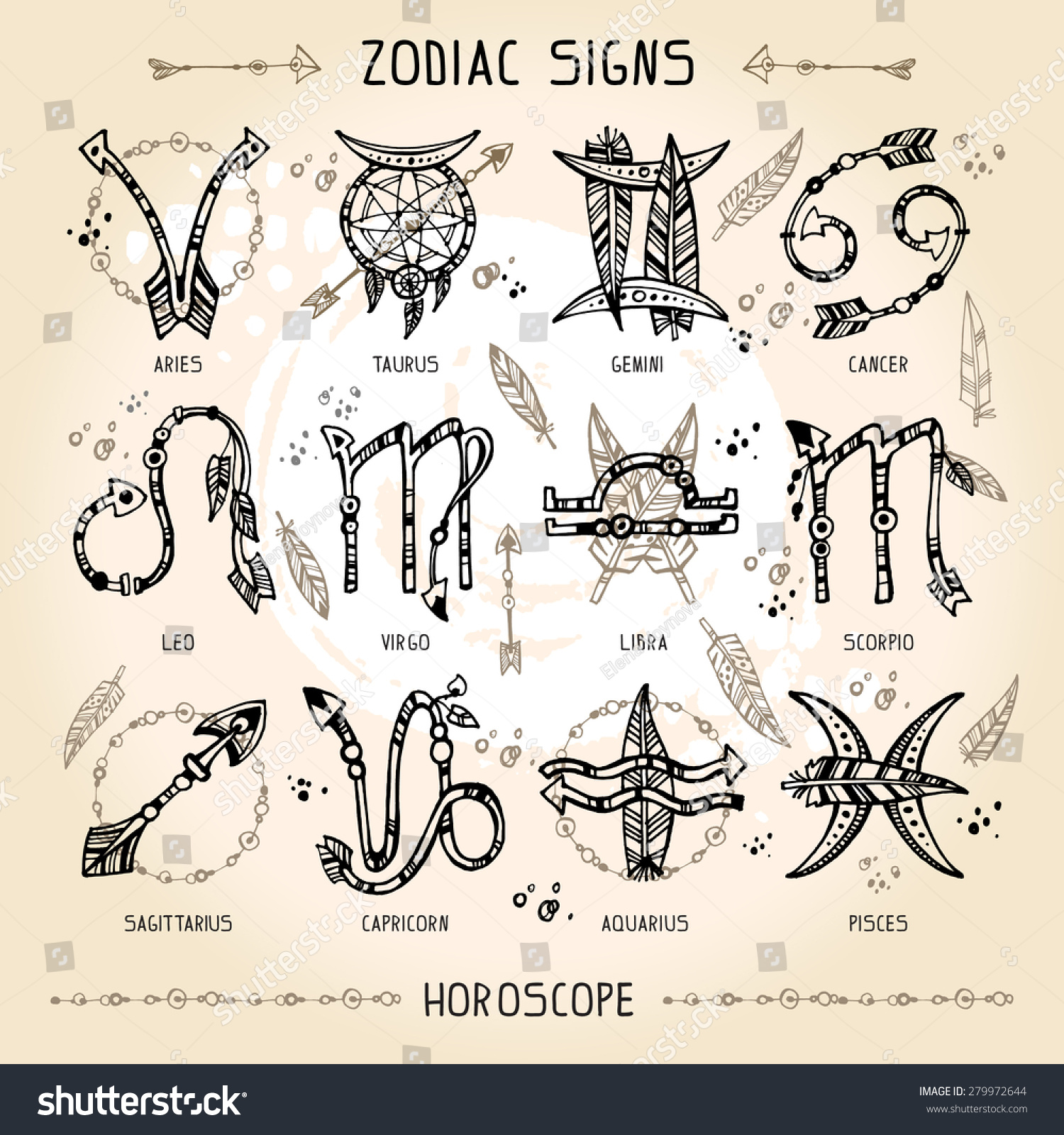 Set Of Hippie And Bohemian Style Hand Drawn Zodiac Signs. With ...