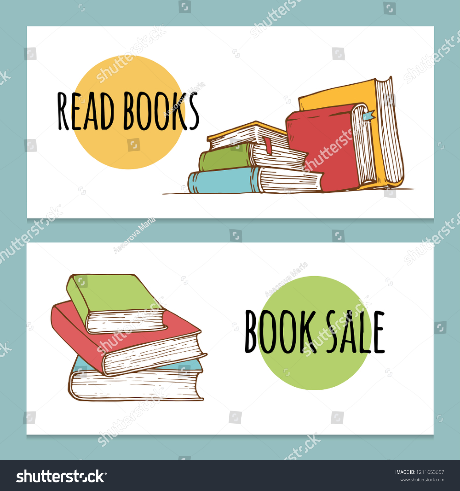 Set Horizontal Banner Stacks Books Stylized Stock Vector Royalty Free