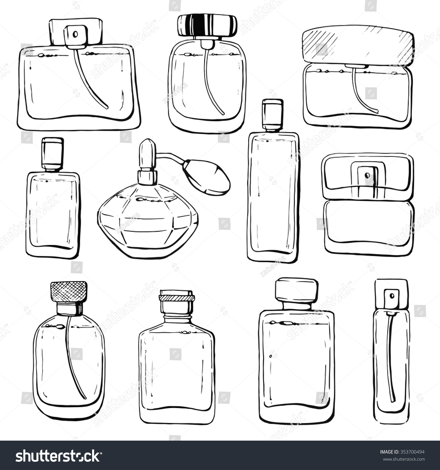 Set Of Linear Hand Drawn Perfume Bottles. Sketch. Perfume For Man