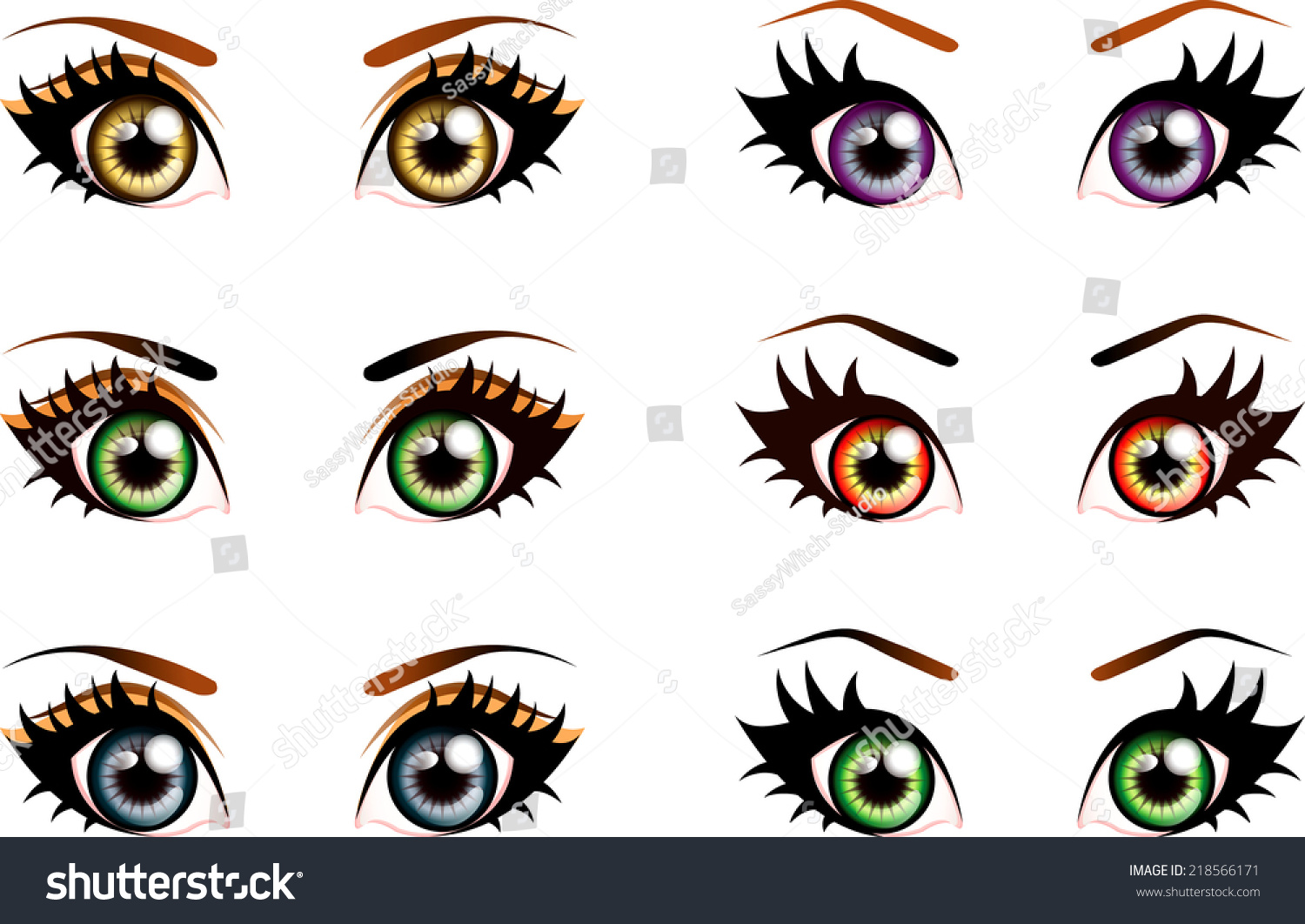 Set Of Manga, Anime Style Eyes Of Different Colors.Isolated On White
