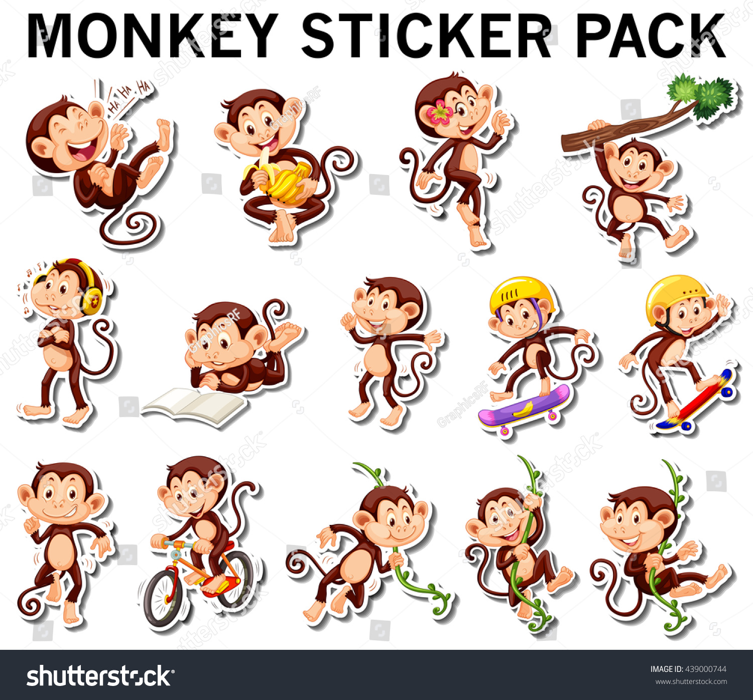 Set of monkey stickers in different posts illustration Set of monkey stickers in different posts illustration