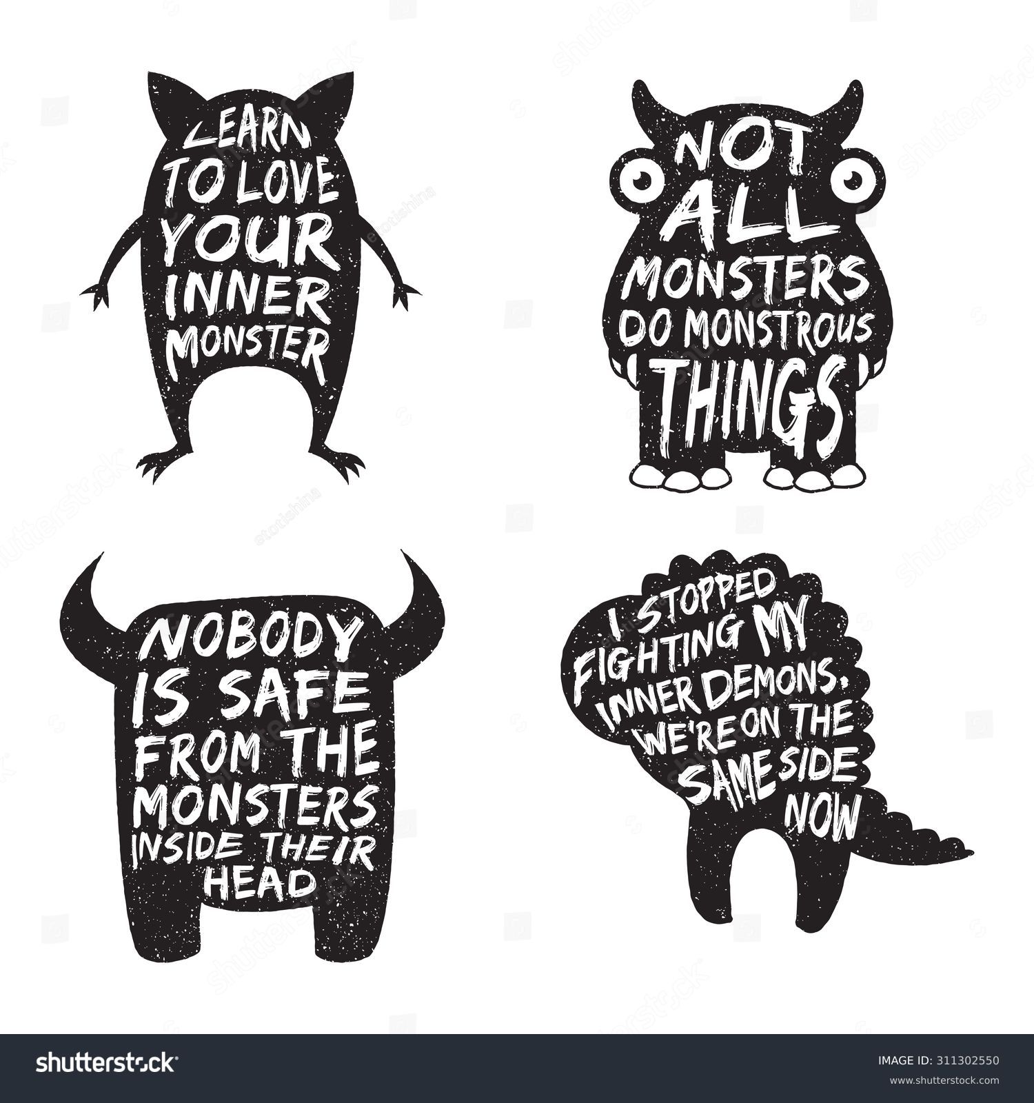 Set Of Monster Typography Posters And Quotes. Artworks For Wear. Vector