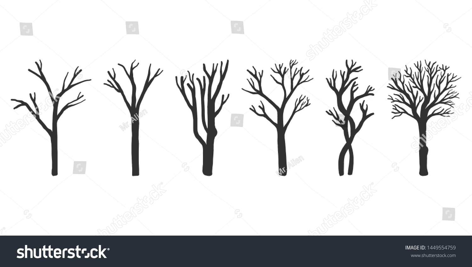 Set Naked Trees Silhouettes Stock Vector Royalty Free