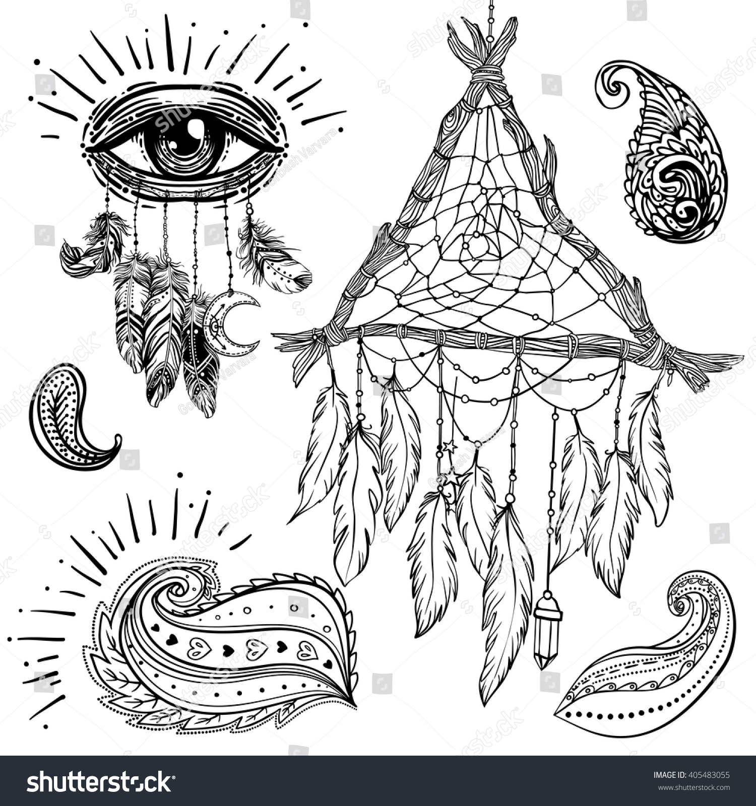 stock vector set of ornamental boho chic style elements vector illustration tattoo template hand drawn tribal 405483055