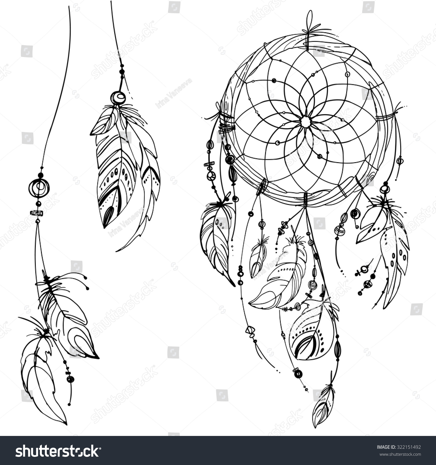 Set Of Ornaments, Feathers And Beads. Native American Indian Dream Catcher, Traditional Symbol ...